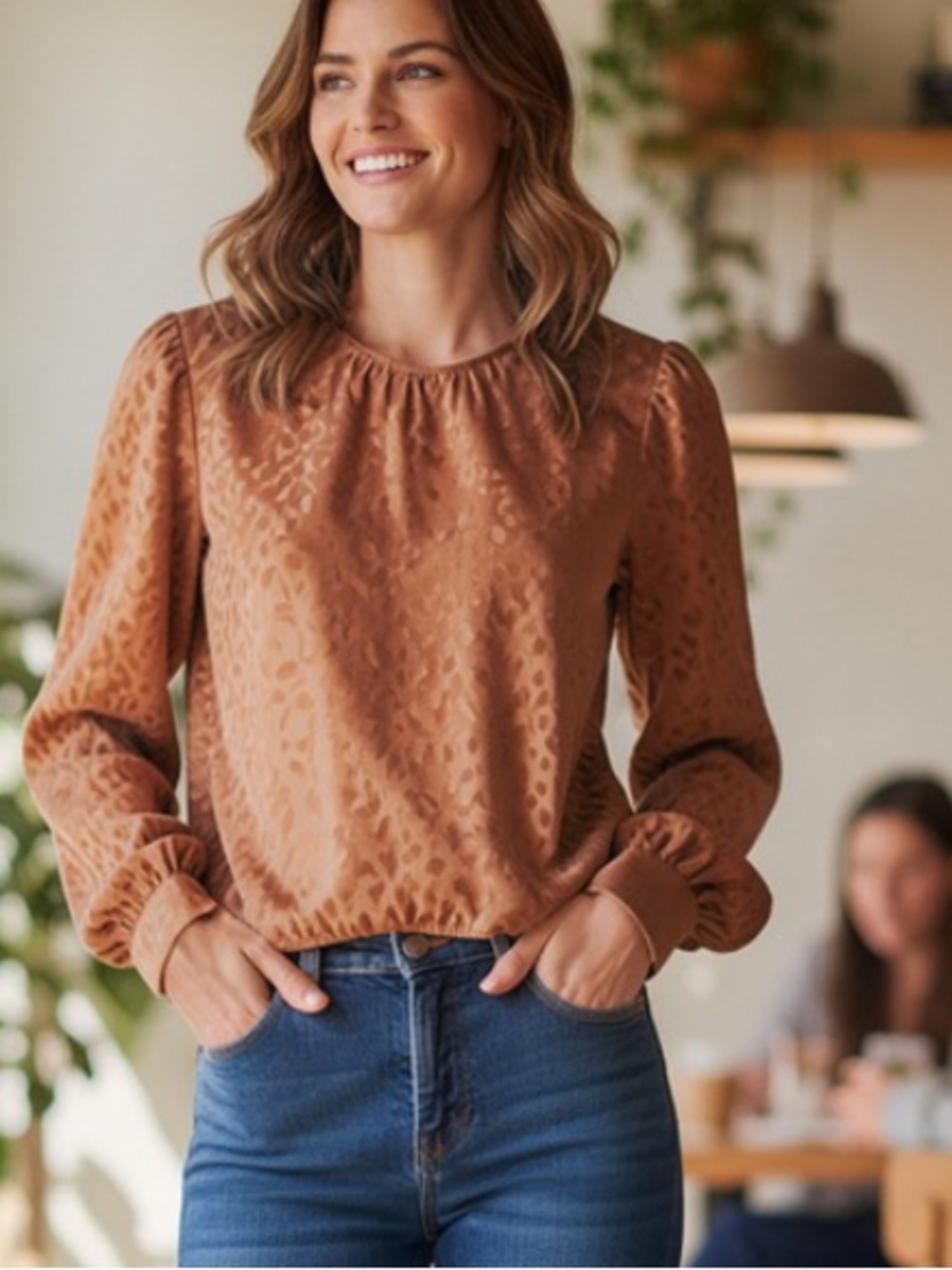 Haver London  Rust Animal-Print Long-Sleeve Blouse
